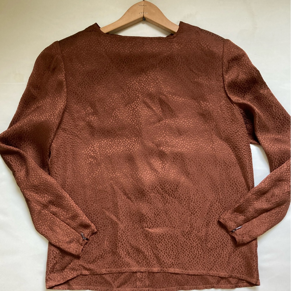 Vintage Stanley Platos Martin Ross 100% Silk Blouse Brown M 7th ave NY 80s 90s